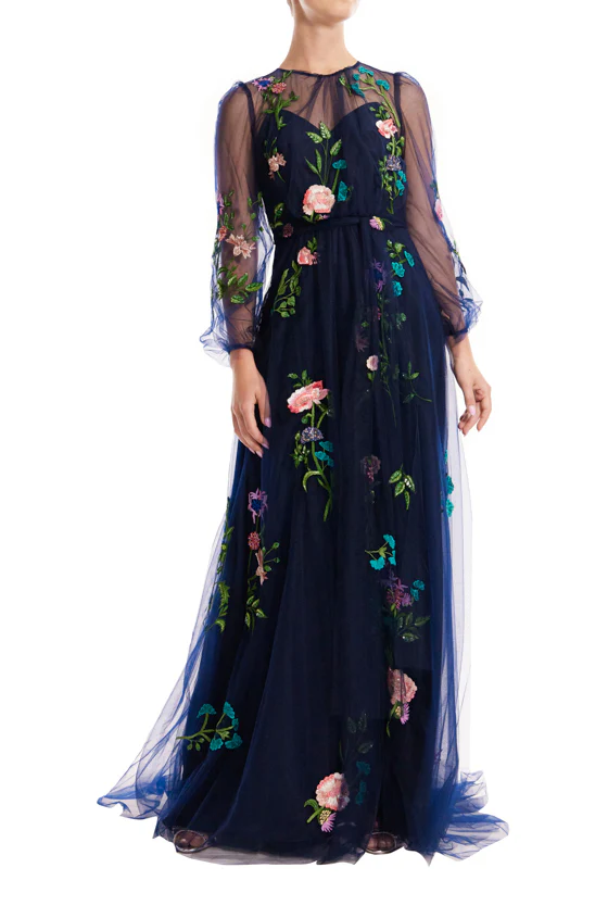 Jewel Neck Puff Sleeve Embroidered Tulle Gown - Image 2