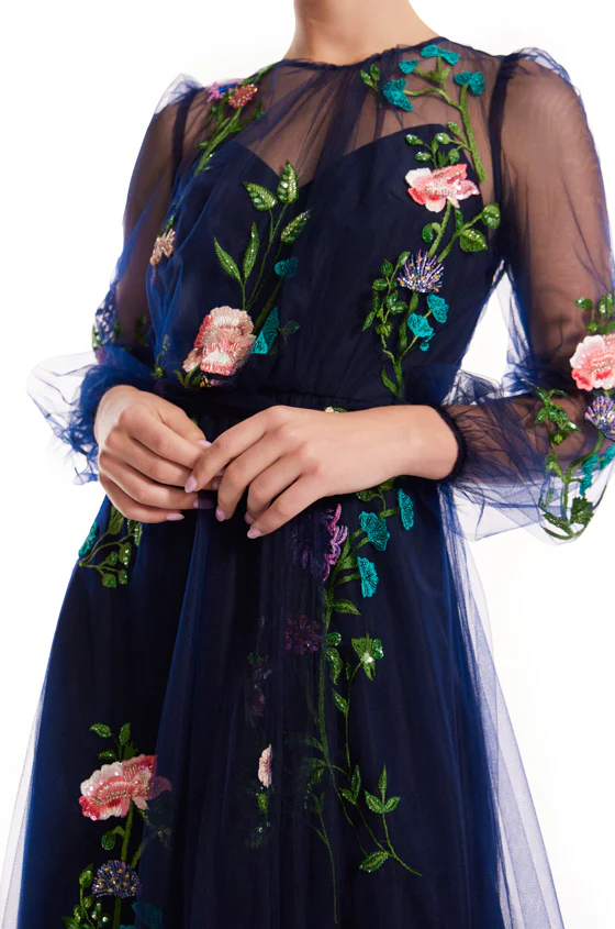 Jewel Neck Puff Sleeve Embroidered Tulle Gown - Image 6