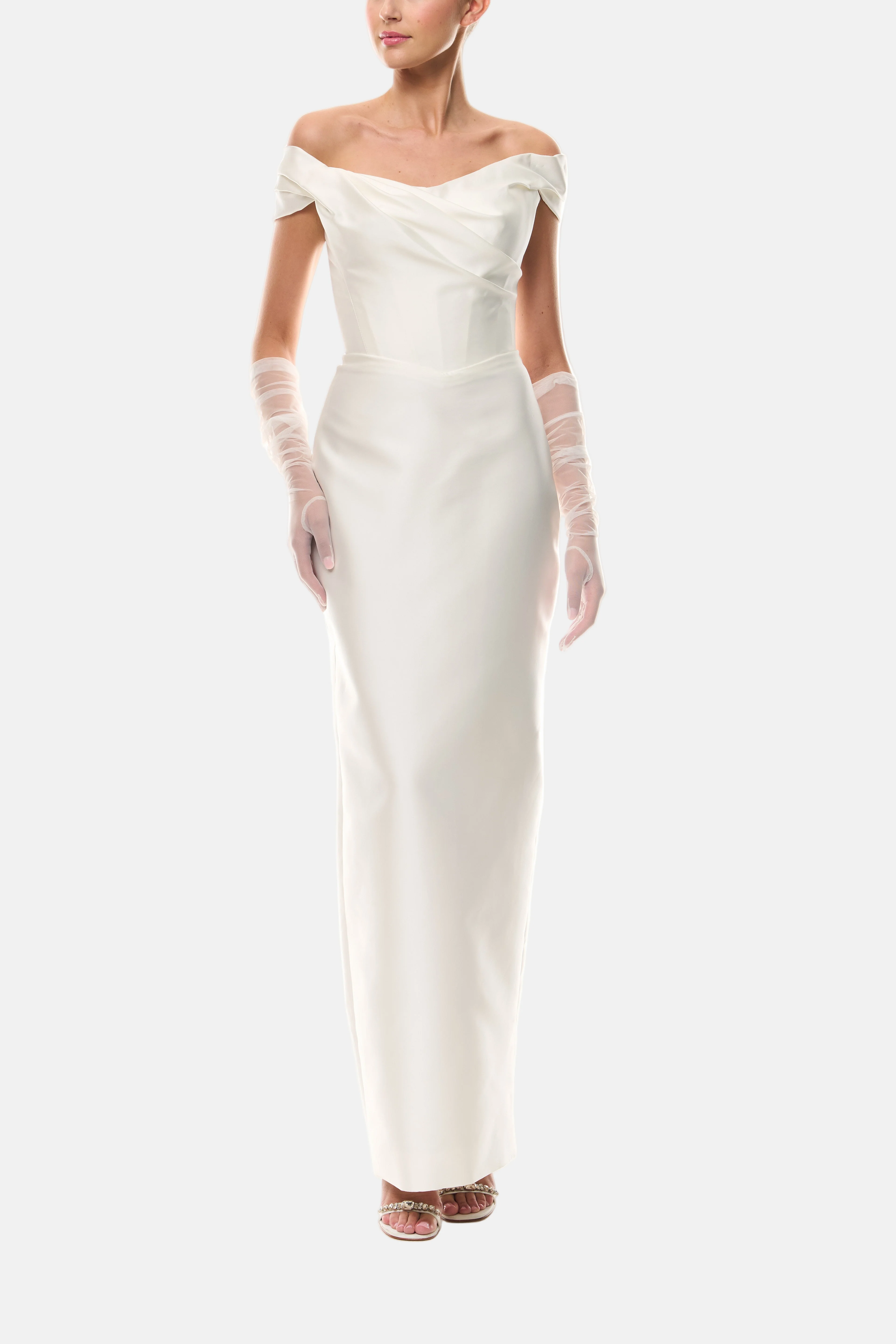 Silk White Off-the-Shoulder Column Gown